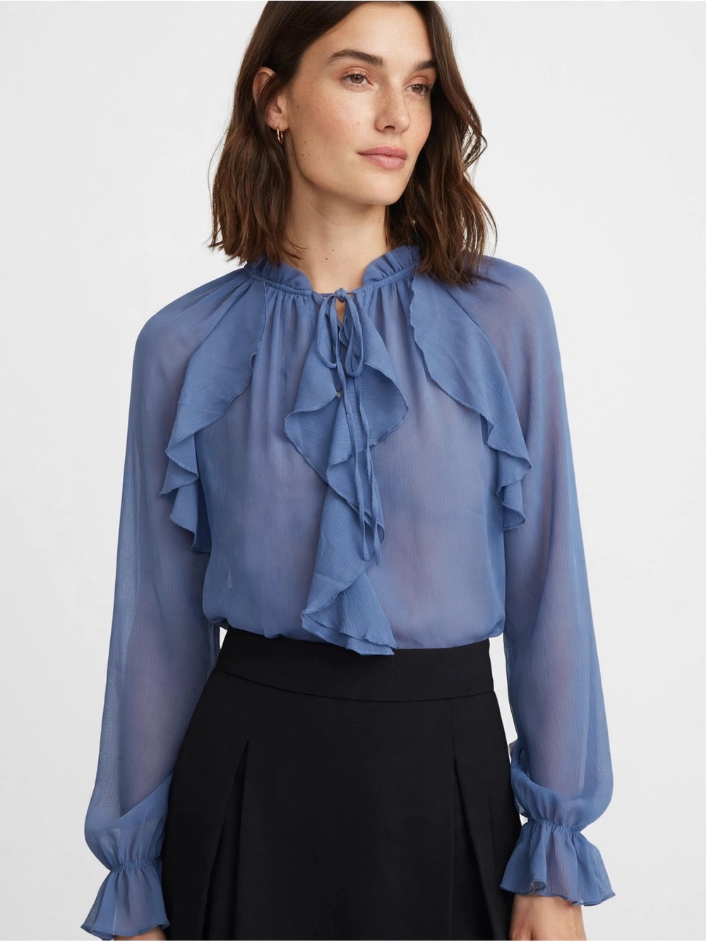 MELLODAY Sheer Ruffle Tie-Neck Blouse in Dusty Blue